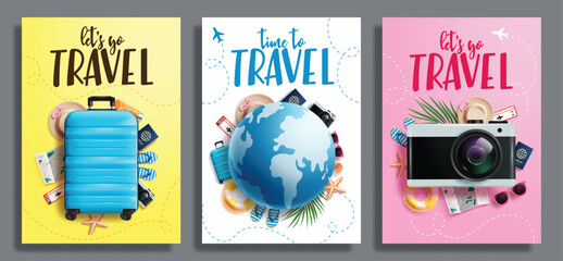 Fototapeta na wymiar Let's go Travel and Travel time clipart poster set design. Time to Travel and let's go Travel text clip art with luggage bag, globe, camera and other summer and traveler elements in colorful