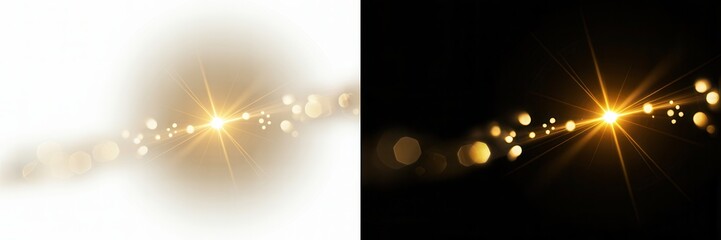 Golden sparkles and glittering lights on white and black backgrounds