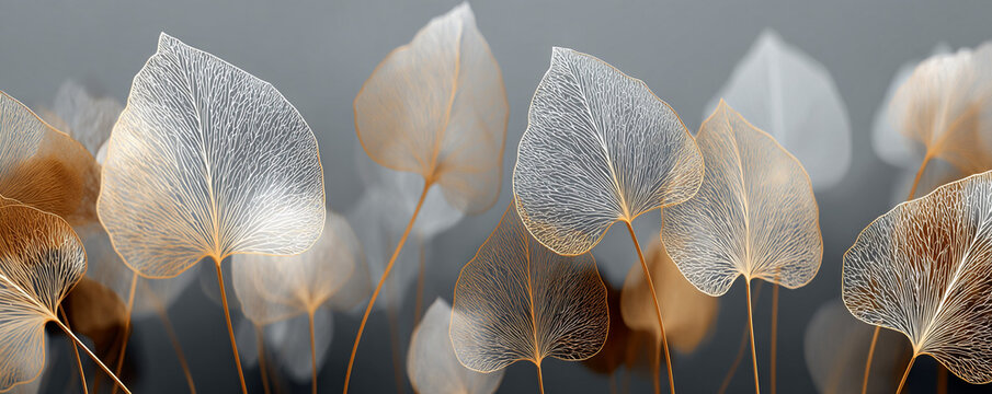 Multiple overlapping golden leaf skeletons with dreamy blurred gray tones 32k ultra HD