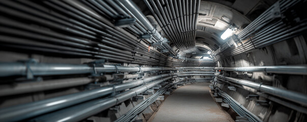 Naklejka premium Narrow construction tunnel showing cable trays and metal pipes in perspective 32k ultra HD