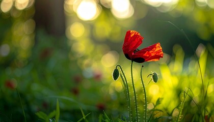 Golden Hour Light Illuminates a Solitary Red Poppy in a Tranquil Green Field