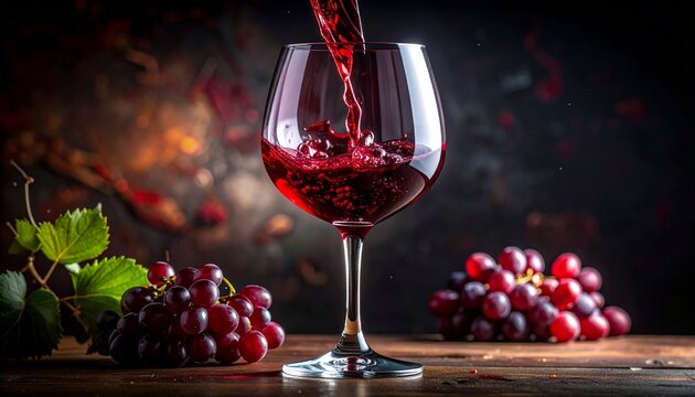Red wine pour. Deep red wine pouring into a glass with grape clusters, rich tannins and velvety motion that feel sensuous and dramatic.