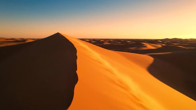 Golden sand dunes stretch across a vast desert landscape at sunset