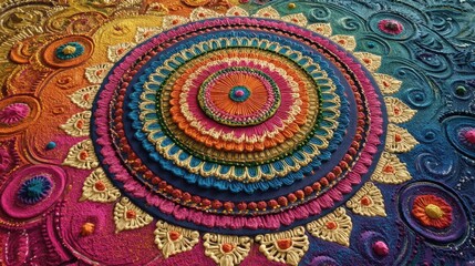 Obraz premium Intricate Colorful Mandala Rangoli Artwork with Traditional Patterns