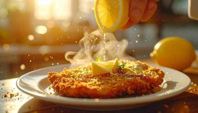 Lemon Drizzle Over Crispy Chicken
 Fresh lemon juice being squeezed onto a hot breaded cutlet with visible steam, zesty, mouthwatering comfort food shot.