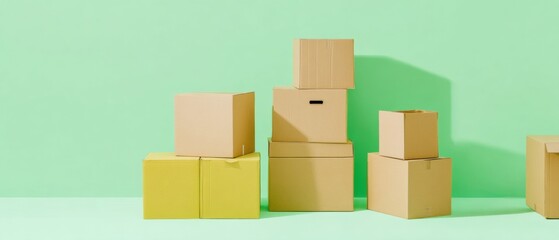 Obraz premium Cardboard boxes for moving stacked in empty room with mint green wall background for real estate relocation services and house rental concept with copy space