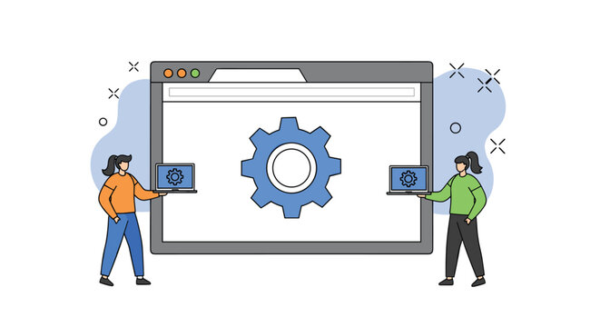 Web development concept showing two professionals with laptops and a large browser window containing a blue gear for system settings.