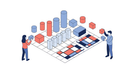 An isometric illustration showing a man and a woman collaborating to build a structure with various colorful geometric shapes on a grid, placed against a clean white background.