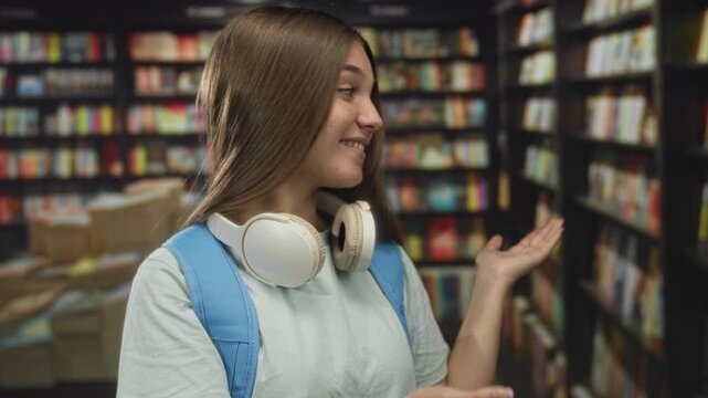 Girl with headphones around neck and backpack gestures with open hands along tall bookshelves in library; confidence.