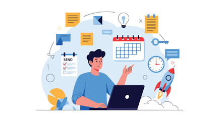 Fototapeta premium Productive young man working on his laptop surrounded by project management and scheduling icons for professional tasks.