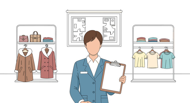 A female store manager holding a clipboard stands in a boutique with clothing racks and a floor plan on the wall in a clean line art illustration.
