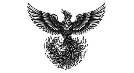 Obraz premium Intricate Black and White Phoenix Bird Illustration Rising from Fire, Majestic Mythical Creature with Detailed Wings, Symbol of Rebirth