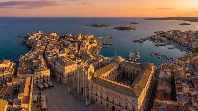 syracuse sicily cityscape at golden sunset timelapse video