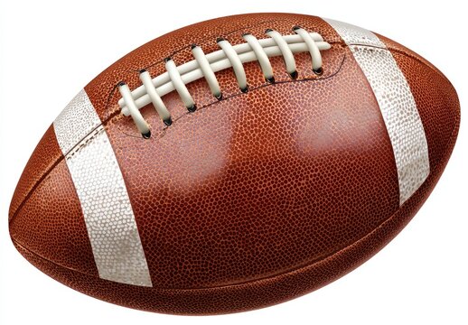 A detailed, brown, stitched spheroid with white stripes, ready for sport