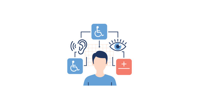 A central person icon is connected to a network of accessibility symbols, including wheelchair, hearing, vision, and cognitive icons, illustrating inclusive design.