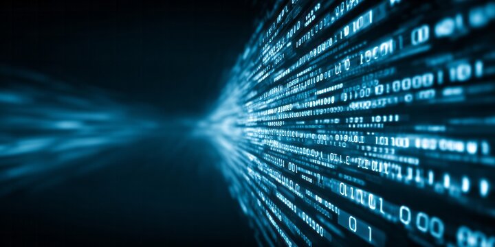 Digital data streams flow rapidly into a centralized vanishing point perspective