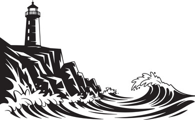 Fototapeta premium Lighthouse on rocky coast at night with ocean waves vector illustration vector illustration