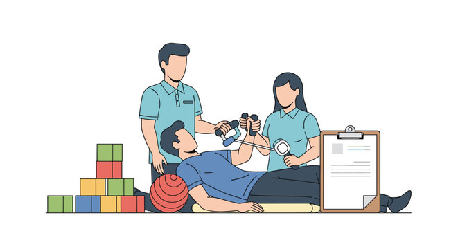 A patient undergoes a physical therapy session, performing dumbbell exercises with the assistance of two professional therapists in a clinic.