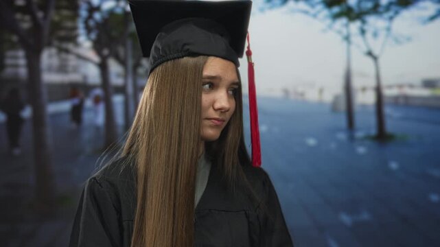 Teenage woman in black graduation cap and gown with red tassel touches chin on tree lined city street; doubt.