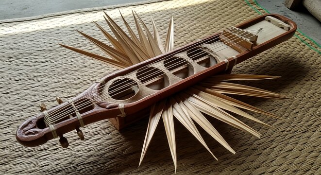 Authentic Indonesian sasando string instrument from East Nusa Tenggara displayed in natural lighting highlighting unique cultural heritage.