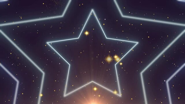 Brilliant neon star outline motion graphic background loop with celebratory fireworks exploding footage