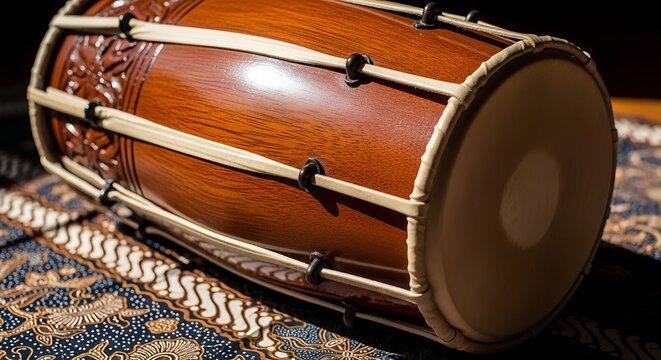 Authentic kendang drum used in Indonesian traditional music displayed in cultural setting highlighting percussion heritage.