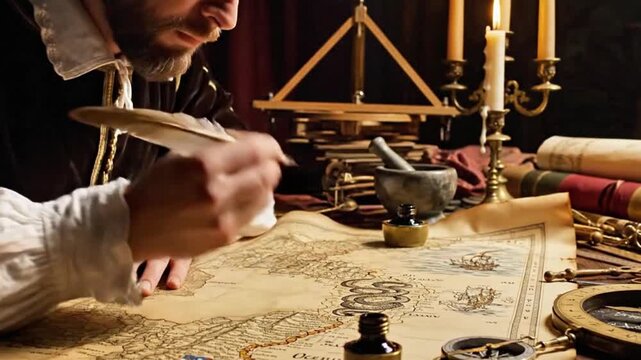 Renaissance mapmaker drawing detailed world map by candlelight.