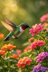 Fototapeta premium Ultra realistic hummingbird hovering and drinking nectar from colorful flowers in a vibrant garden.