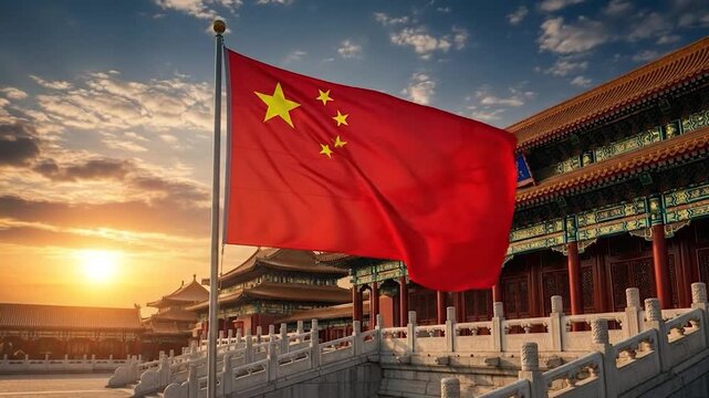 Majestic Chinese flag waving proudly in front of the historic Tiananmen Gate and Forbidden City at sunset in Beijing, China.