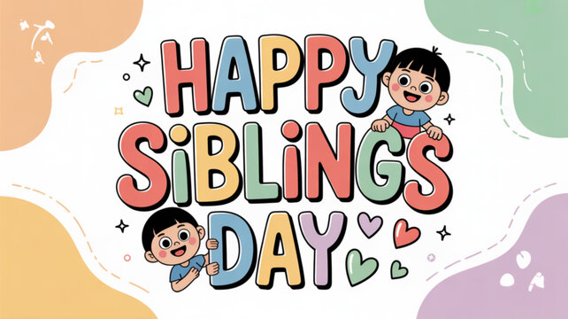 Colorful illustration of two happy children celebrating siblings day with hearts and playful text