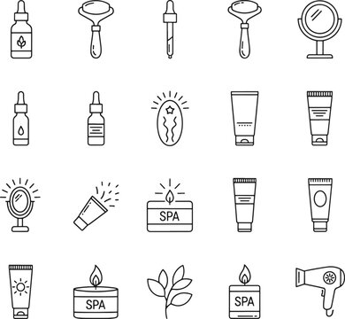 Skincare and Beauty Wellness Self Care Routine Essentials Spa Therapy and Cosmetic Products Hand Drowing Vector line Icon Set
