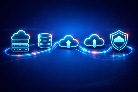 Cloud computing and data storage icons showing server database upload download and security shield for secure network infrastructure information technology and web based hosting solutions