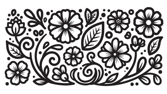 Floral Pattern with Swirling Vines in Black Line Art on White Background for Graphic Design