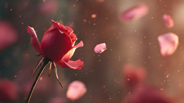 Romantic scene with a beautiful red rose slowly blooming, soft pink petals falling in the air, warm sunset lighting, dreamy romantic atmosphere