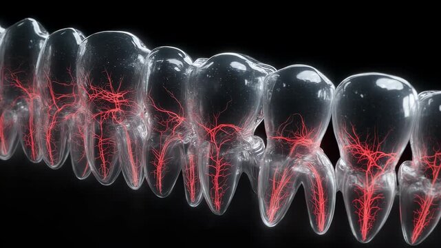 Transparent Human Teeth Anatomy with Visible Red Nerve System and Blood Vessels 3D Illustration