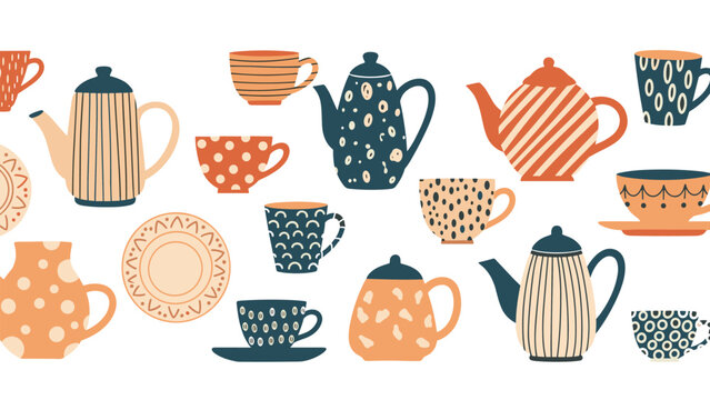 Charming tea time seamless pattern with various patterned teapots teacups and saucers on a white background.