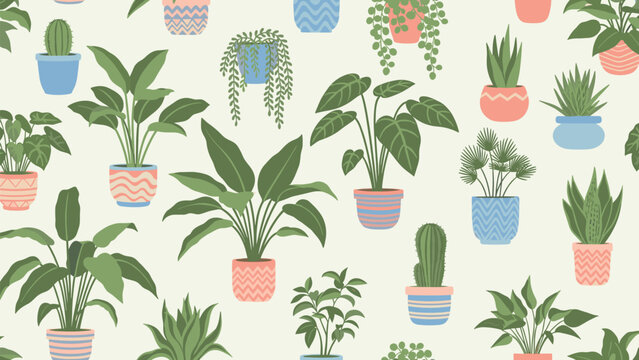 Diverse potted houseplants seamless pattern including monstera cacti and various palms in colorful ceramic pots.