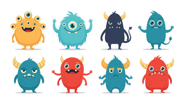Set of eight colorful and funny monster characters with different expressions, shapes, and numbers of eyes, horns, or limbs for kids.