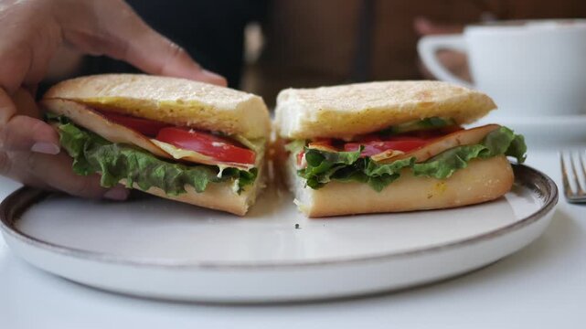 Close up of person picking up half of gourmet ciabatta sandwich from white plate in cafe