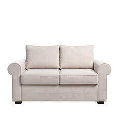 Fototapeta premium light colored fabric sofa with plush cushions and rolled arms stands centered isolated on transparent background. PNG die-cut for advertising