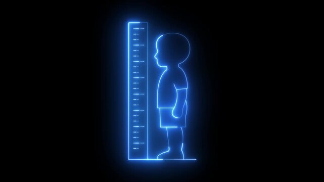 glowing neon Child's Height Measurement icon isolated on black background. Growth chart with child silhouette and measuring ruler for pediatric checkup, representing body measurement growth tracking.