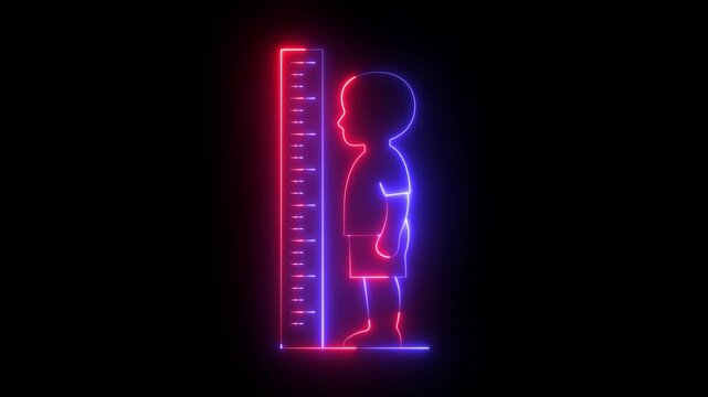 glowing neon Child's Height Measurement icon isolated on black background. Growth chart with child silhouette and measuring ruler for pediatric checkup, representing body measurement growth tracking.