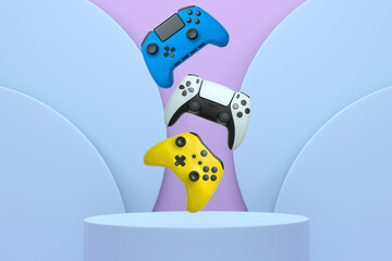 Colorful gaming controllers joystick levitating over podium against abstract background, minimalist concept device on pedestal © Vasyl Onyskiv