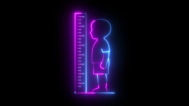 glowing neon Child's Height Measurement icon isolated on black background. Growth chart with child silhouette and measuring ruler for pediatric checkup, representing body measurement growth tracking.