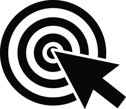 Black and white target with a computer mouse cursor arrow hitting the bullseye