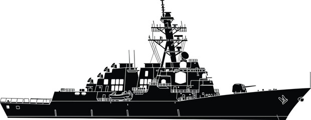 Warship silhouette illustration, naval destroyer artwork, black and white design, military vessel graphic, maritime defense symbol, modern navy ship drawing © Shohidul