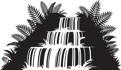 Tropical jungle waterfall silhouette surrounded by lush fern leaves and exotic rainforest plants art vector illustration © MstSima