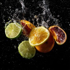 Fresh citrus fruits, including oranges and limes, with water droplets on black