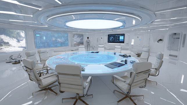 modern spaceship bridge interior featuring white circular architecture holographic command table and seven chairs surrounding central console in advanced futuristic control room