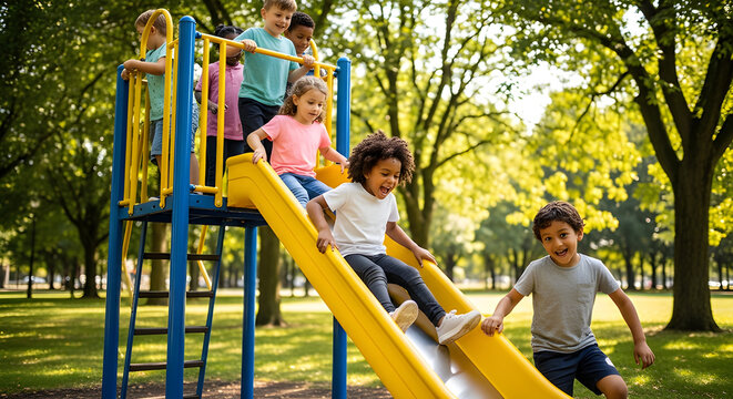 A picture of several children playing together on a slide in a park. The children are doing outdoor activities in the park with green surroundings. A relaxing moment for the children.